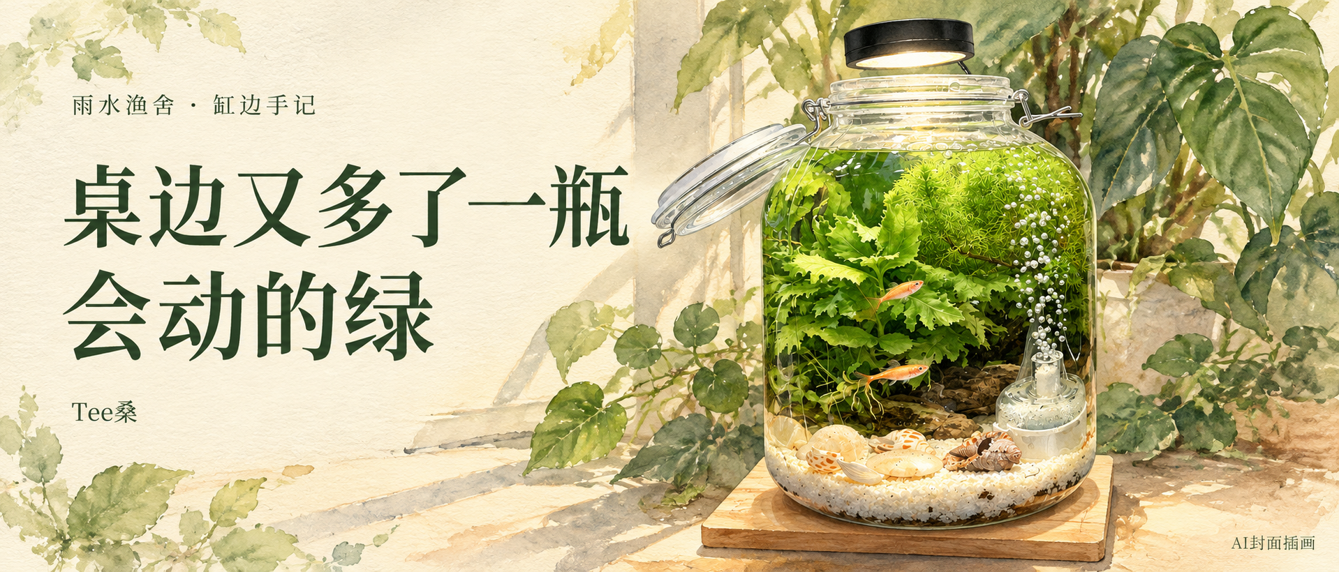 桌边又多了一瓶会动的绿,水彩风格文章封面