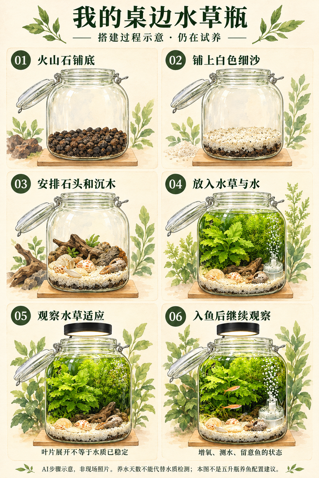 六步搭建示意,AI插画,非现场照片