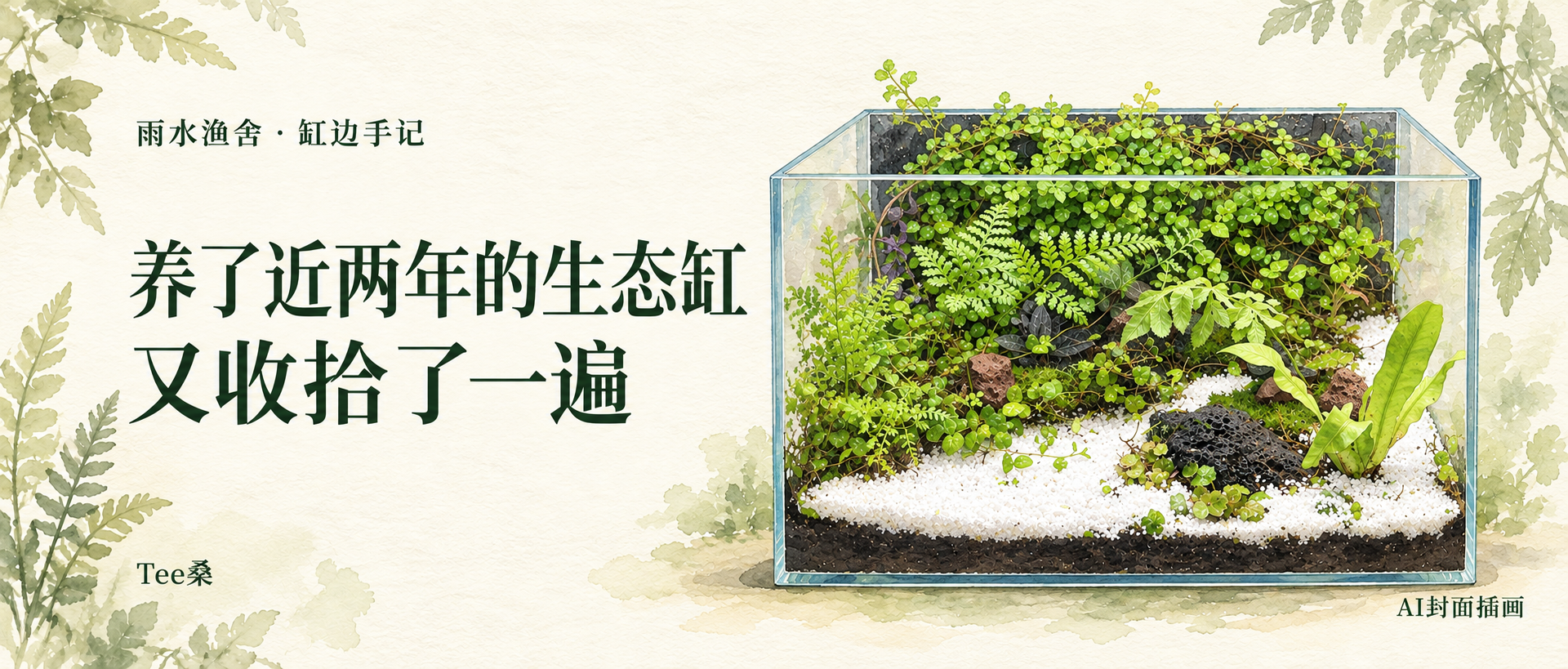 老生态缸翻新文章封面,水彩风格的绿墙、蕨类、白沙与火山石